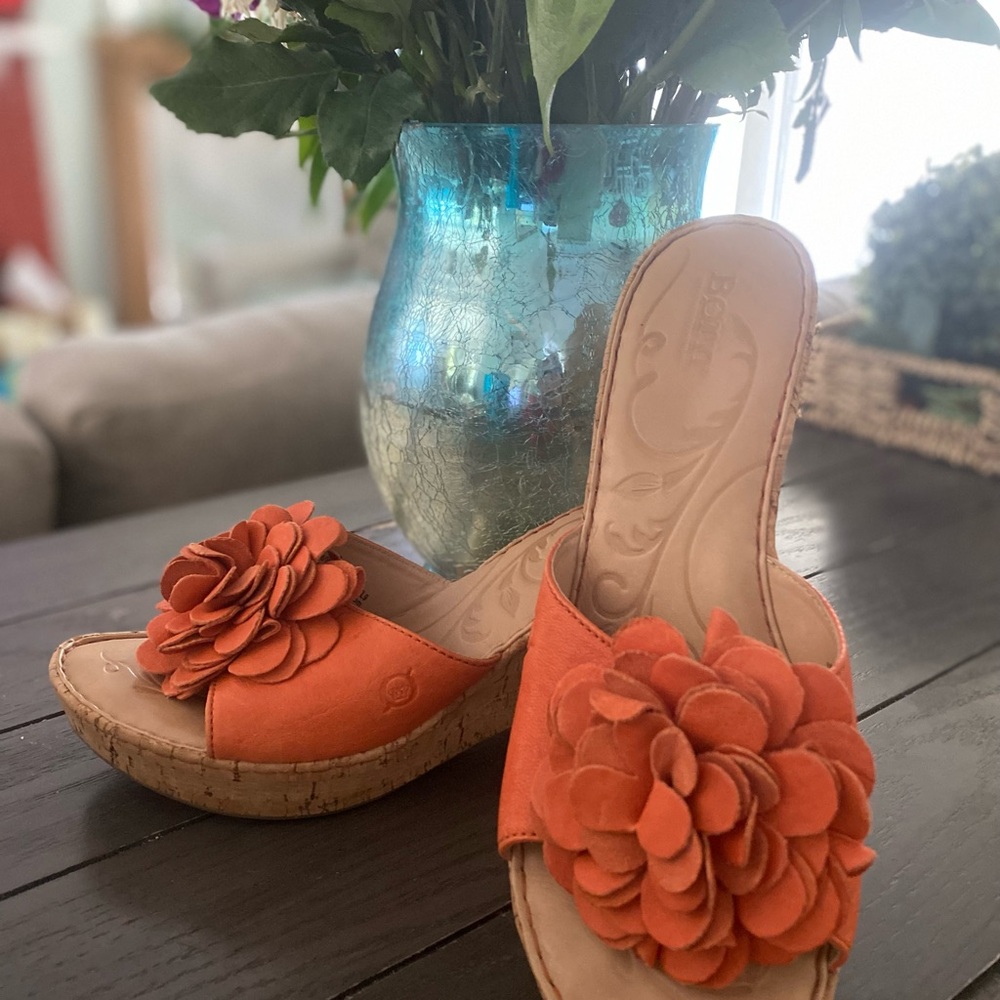 Born Platform Flower Wedges - size 10-can fit a 9 1/2. Orange Leather Tan Cork
